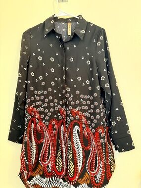 Black Red White Floral Paisley Tunic Blouse Size M